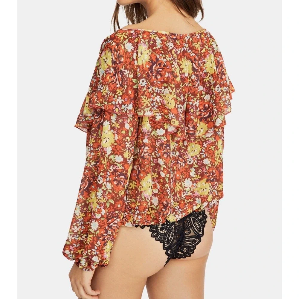 NWOT Free People Say It To Me Bodysuit‎ Sz Large Red Sienna Floral Long Sleeve